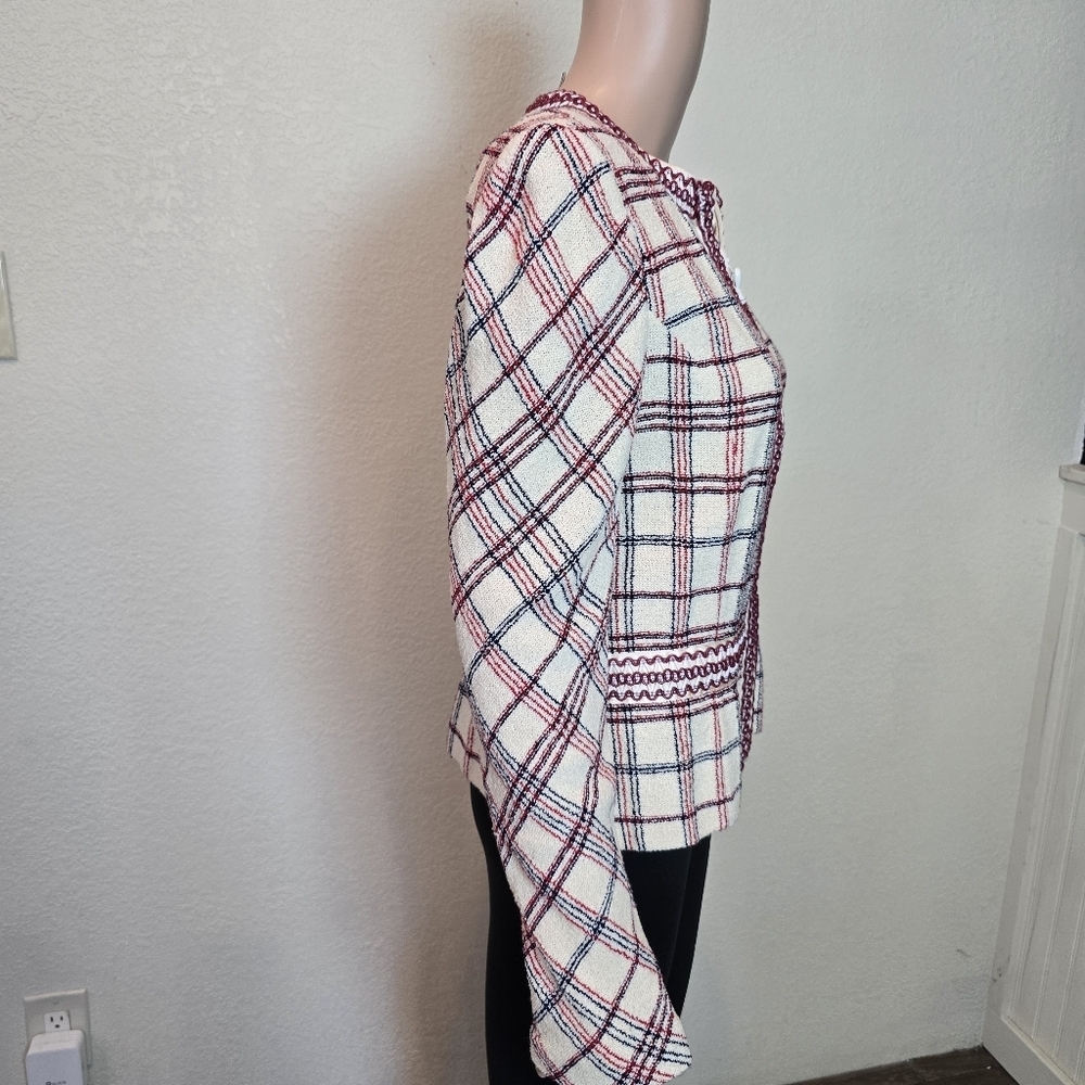 St John Plaid Zip-Up Jacket Cardigan w/ Woven Plaid  Accents | Size: 10 Vintage - Picture 3 of 10